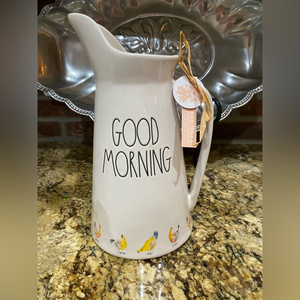 Rae Dunn Farmline Collection GOOD MORNING colorful
chickens pitcher - Brand new!